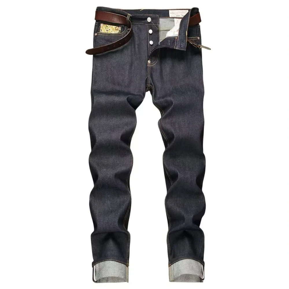 Evisu Dark Blue Straight Jeans with Yellow Patch Accents